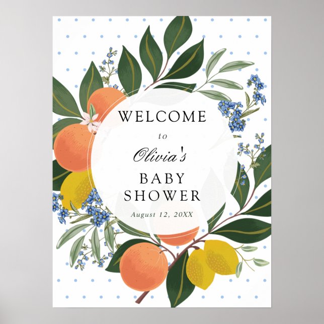 Välkomsttecken för Citrus Greenery Blue Baby Showe Poster (Framsidan)