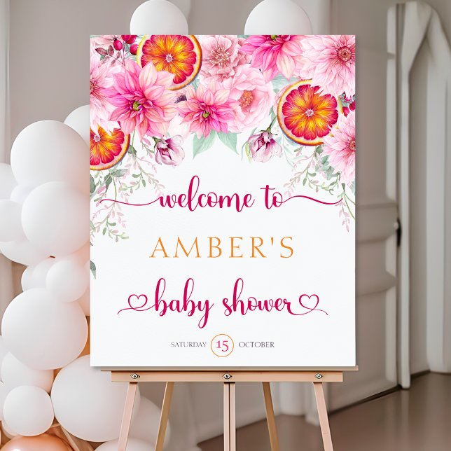 Välkomsttecken för Citrus & Rosa Flowers Baby Show Poster (Citrus and Pink Watercolor Flowers Baby Shower Welcome Sign)