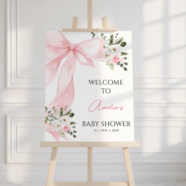 Välkomsttecken för Coquette Rosa Blommigt Bow Baby Fototryck (Coquette Pink Bow Baby Shower Welcome Poster, Bow Baby Shower Welcome Sign, Pink Floral Winter)