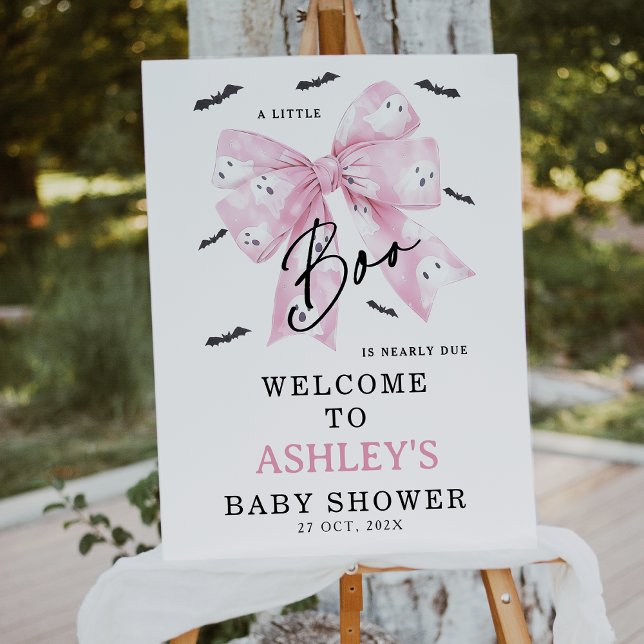 Välkomsttecken för Coquette Rosa Bow Boo Baby Show Fototryck (Little Boo is Almost Due Baby Shower Welcome Sign, Croquette Halloween Little Boo Baby Shower Sign)