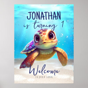 Välkomsttecken för Cute Watercolor Turtle Birthday Poster