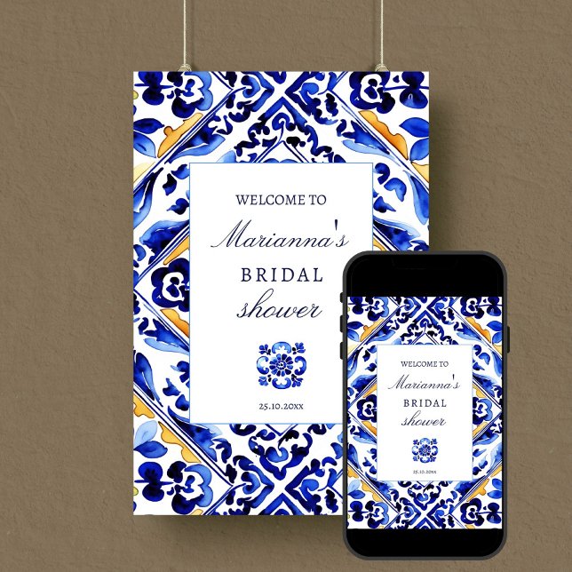 Välkomsttecken för den blå plattan i Amalfi Vietna Poster (Amalfi Vietri blue tile bridal shower editable template welcome sign  digital download Mediterranean)