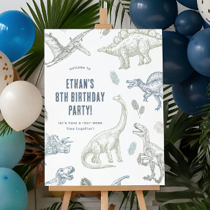 Välkomsttecken för Dinosaur-Grönt och blå Födelsed Poster