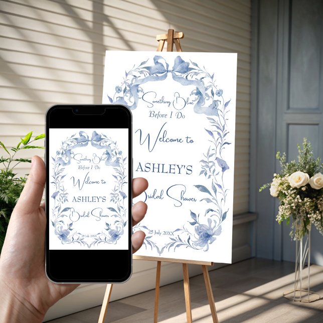 Välkomsttecken för Dusty Blue elegant möhippa Poster (Dusty blue vintage floral ribbon bow elegant bridal shower welcome sign poster template download)