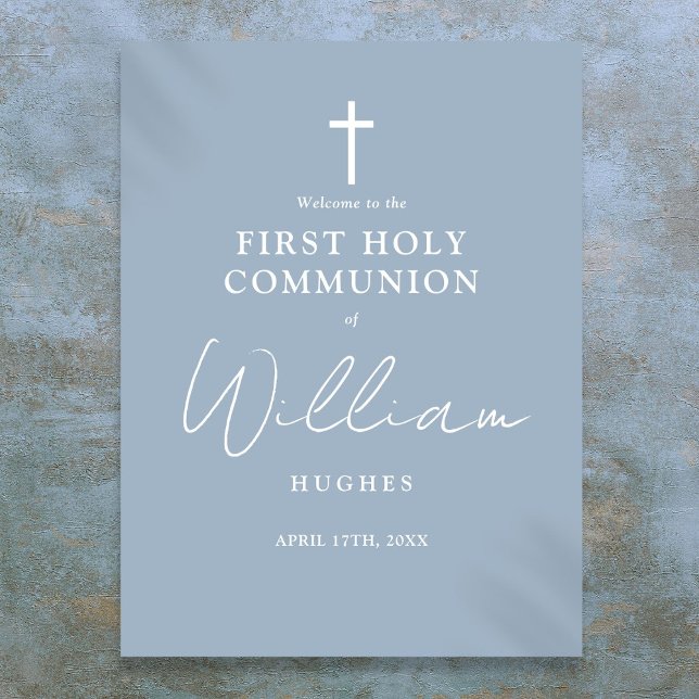 Välkomsttecken för Dusty Blue First Heliga Communi Poster (Dusty Blue First Holy Communion Welcome Sign)