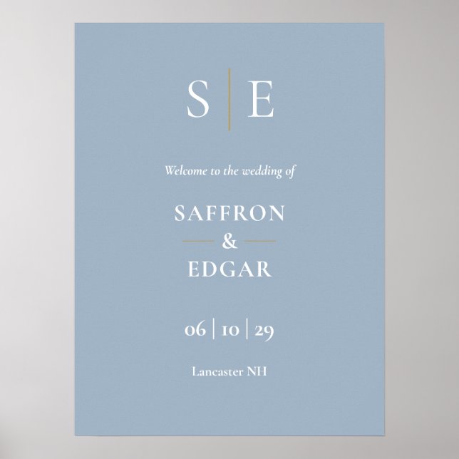 Välkomsttecken för Dusty Blue och Guld Monogram Br Poster (Framsidan)