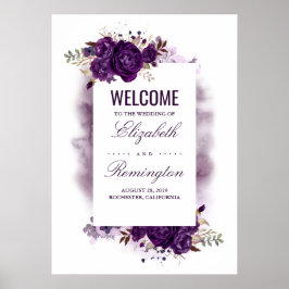 Välkomsttecken för Eggplant Lila Blommigt Bröllop Poster