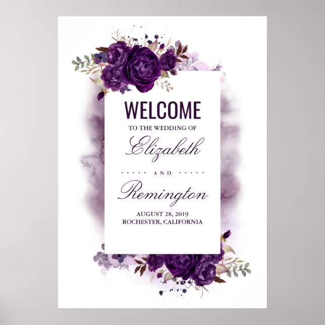Välkomsttecken för Eggplant Lila Blommigt Bröllop Poster (Framsidan)