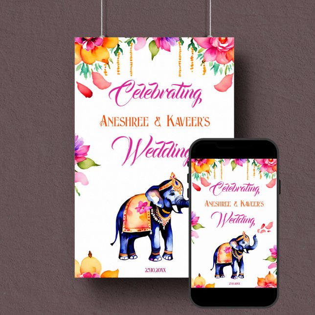 Välkomsttecken för elefant från Indiska bröllop Poster (Indian wedding elephant welcome sign poster instant download cerise flowers ornate elephant)