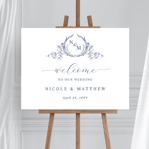 Välkomsttecken för elegantens blå monogram Bröllop Poster