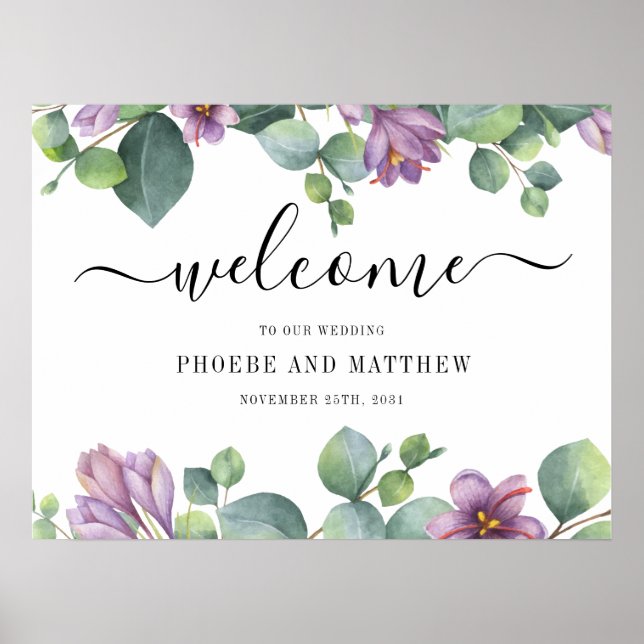 Välkomsttecken för Eucalyptus Calligraphy Blommigt Poster (Framsidan)