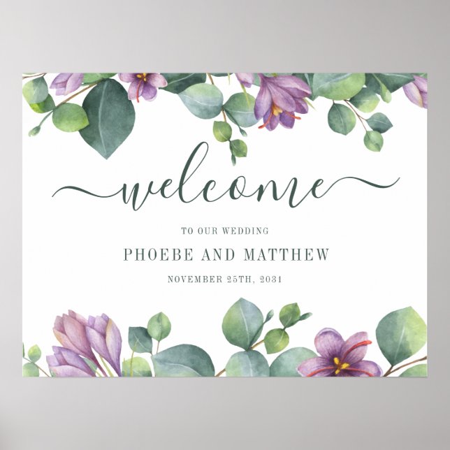 Välkomsttecken för Eucalyptus Calligraphy Blommigt Poster (Framsidan)