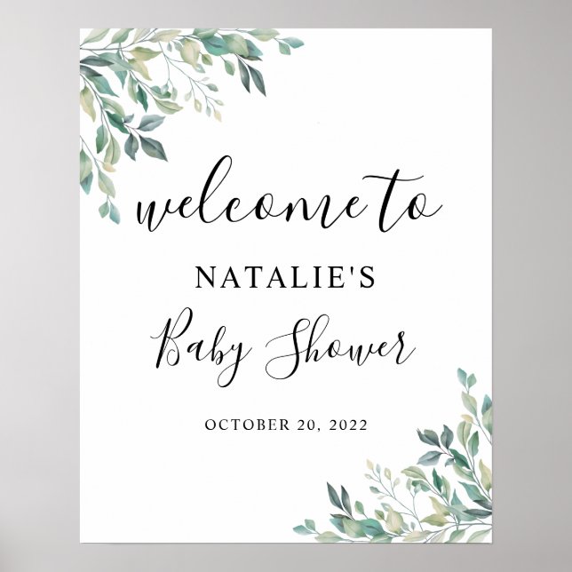 Välkomsttecken för Eucalyptus Greenery Baby Shower Poster (Framsidan)