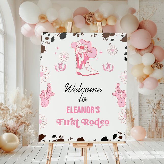 Välkomsttecken för första rodeo 1:a födelsedagen fototryck (Girls Hot Pink First Rodeo 1st Birthday Welcome Sign, Cowgirl 1st Rodeo Birthday Party Welcome Sign)