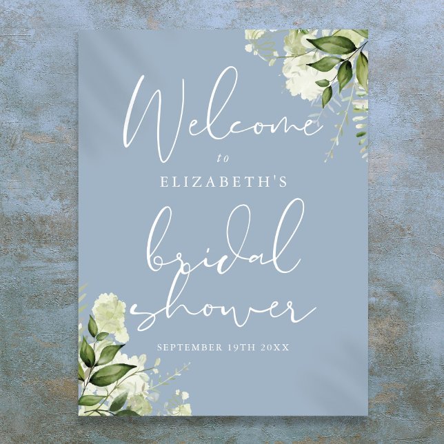 Välkomsttecken för Greenery Dusty Blue Möhippa Poster (Greenery Dusty Blue Bridal Shower Welcome Sign)