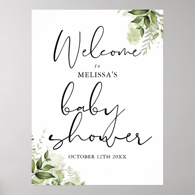 Välkomsttecken för Greenery Neutralt Baby Shower Poster (Framsidan)