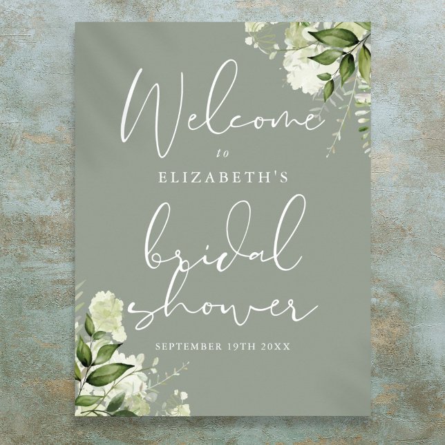 Välkomsttecken för Greenery Sage Grönt Möhippa Poster (Greenery Sage Green Bridal Shower Welcome Sign)