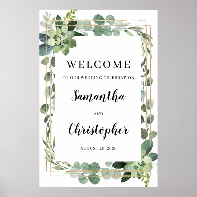 Välkomsttecken för grönbläcket guld ram poster (Framsidan)