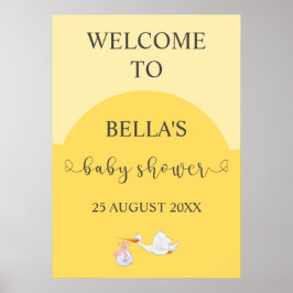 Välkomsttecken för gult Baby Shower Stork Poster