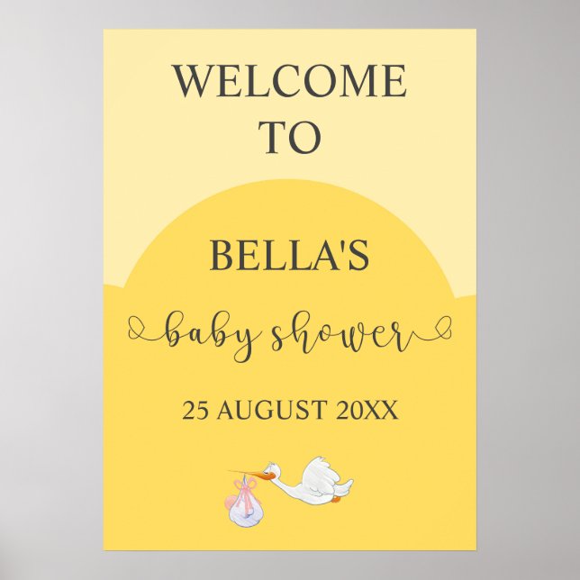 Välkomsttecken för gult Baby Shower Stork Poster (Framsidan)