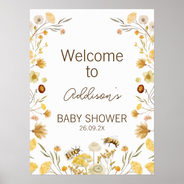 Välkomsttecken för gult Bee Wildblomma Baby Shower Poster (Framsidan)