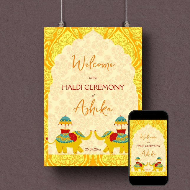 Välkomsttecken för gulten Haldi Indian bröllop Poster (Haldi welcome sign poster instant download yellow arch frame cute Indian wedding elephants)