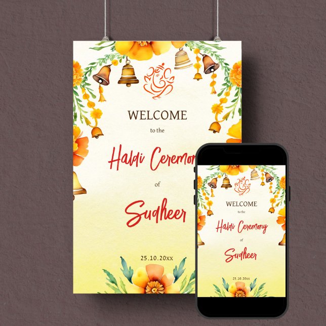 Välkomsttecken för Haldi-mariget klockor indisk br Poster (Haldi Indinian wedding welcome sign template instant digital download yellow flowers bells garlands)