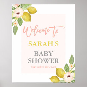 Välkomsttecken för Lemons Rosa Blommigt Baby Showe Poster