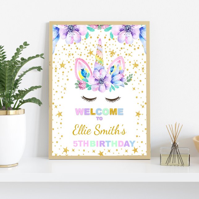 Välkomsttecken för lila Unicorn Födelsedagsfest Poster (Purple Unicorn Welcome Signs)
