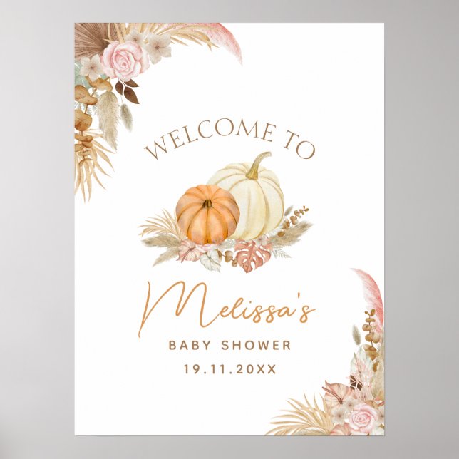 Välkomsttecken för Little Pumpkin Boho Fall Blommi Poster (Framsidan)
