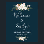 välkomsttecken för magnolia blommigt blå möhippa poster<br><div class="desc">vackra vita magnoliska vattenfärgblommor och manustext. Du kan redigera texten och färgen på det här poster.</div>