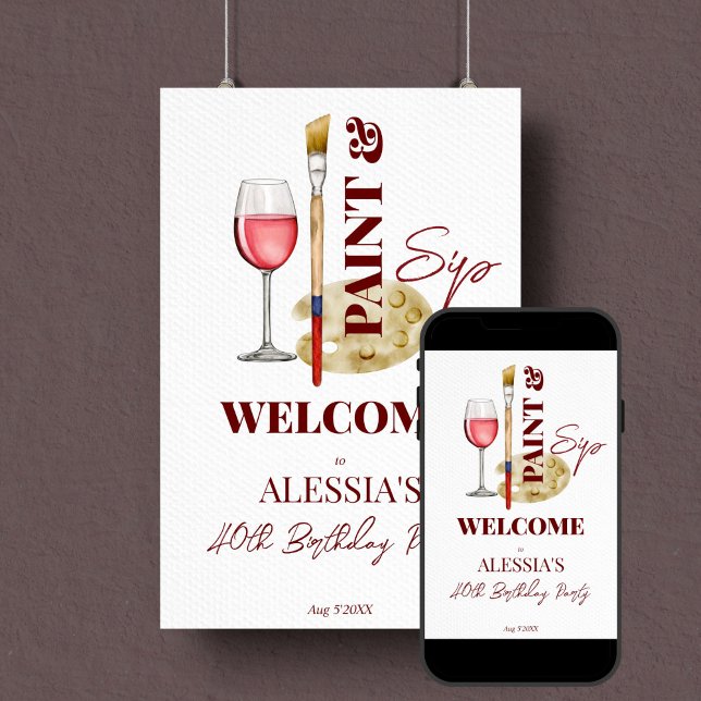 Välkomsttecken för måla och sippa vin och konst poster (Paint and sip wine and art themed birthday party welcome sign poster editable template download)