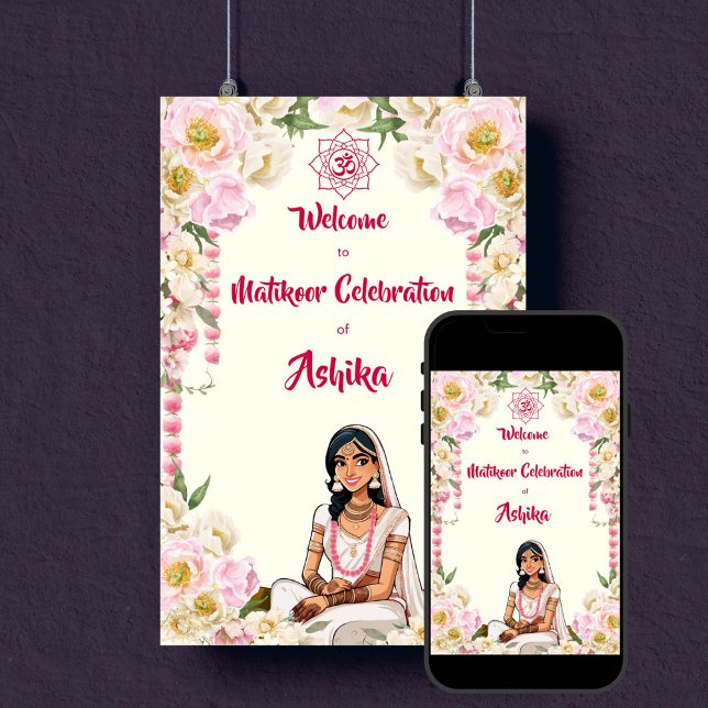 Välkomsttecken för Mehndi Matikoor Haldi Indian br Poster (Mehndi Matikoor Haldi Indian wedding template welcome sign poster digital download bride caricature)