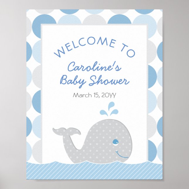 Välkomsttecken för mod Whale Baby Shower Blue Gråt Poster (Framsidan)