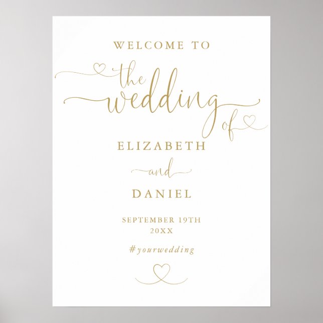 Välkomsttecken för Modern Guld Heart-skript Bröllo Poster (Framsidan)
