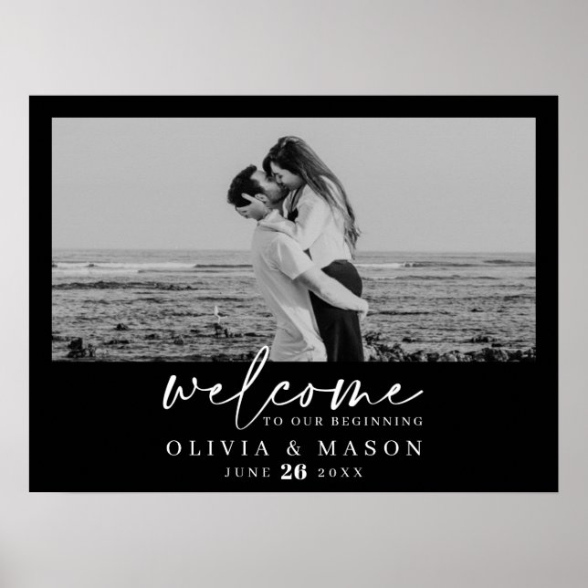 Välkomsttecken för Modern Script Bröllop med foto Poster (Framsidan)