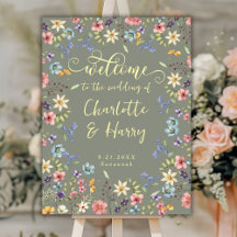 Välkomsttecken för Modern Wildblommor Sage Bröllop