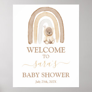 Välkomsttecken för nalle och regnbåge för babyskor poster
