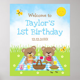 Välkomsttecken för nalle Picnic Blue Birthday Poster