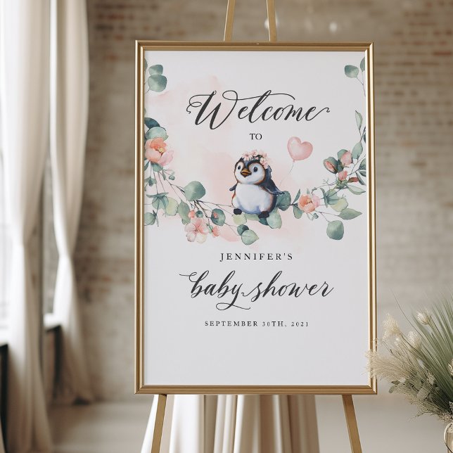 Välkomsttecken för Penguin Rosa Girl Baby Shower Poster (Skapare uppladdad)