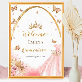 Välkomsttecken för Quinceanera | Blommigt  Rosa Go Poster