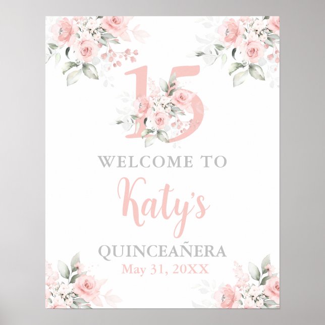 Välkomsttecken för Quinceanera rosa blommigt Poster (Framsidan)