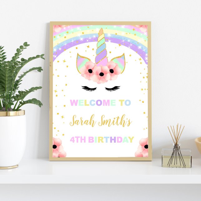 Välkomsttecken för Rainbow Blommigt Unicorn Födels Poster (Rainbow Pink Floral Unicorn Welcome Signs)
