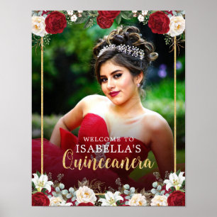 Välkomsttecken för Red Guld Blommigt Photo Quincea Poster