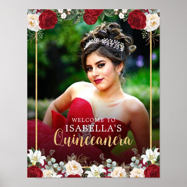 Välkomsttecken för Red Guld Blommigt Photo Quincea Poster (Framsidan)