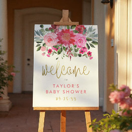 Välkomsttecken för Red & Rosa Flowers Baby Shower Poster