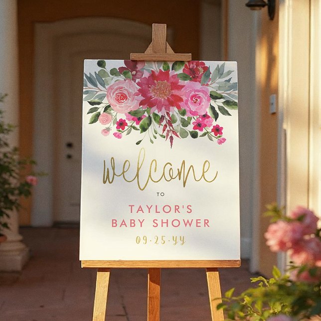 Välkomsttecken för Red & Rosa Flowers Baby Shower Poster (Skapare uppladdad)