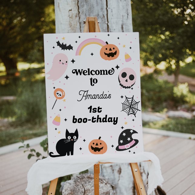 Välkomsttecken för Retro Rosa Black Halloween Birt Fototryck (Retro Halloween Birthday Welcome Sign, Hey Boo Birthday Welcome Sign, Girl Halloween Themed )