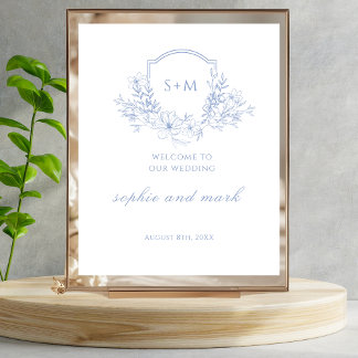 Välkomsttecken för Romantic Blue Blommigt Monogram Poster
