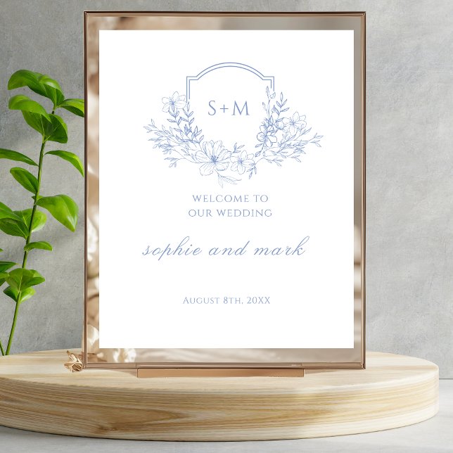 Välkomsttecken för Romantic Blue Blommigt Monogram Poster (Skapare uppladdad)